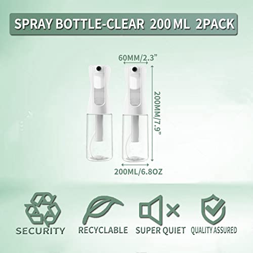 FIRUZA Continuous Spray Bottles For Hair,Ultra Fine Mist Sprayer(200ml/6.8oz 2Pack),Refillable Water Mister for Cleaning,Hairstyling, Plants, Misting & Skin Care Clear