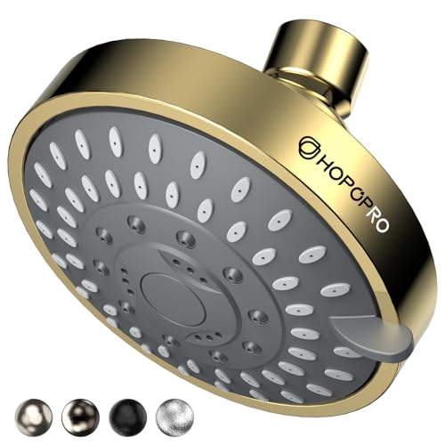 HOPOPRO 5 Modes High Pressure Shower Head 4.1 Inch High Flow Fixed Showerheads Bathroom Rain Showerhead for Luxury Shower Experience Even at Low Water Pressure Modern Gold Look Tool-free Installation