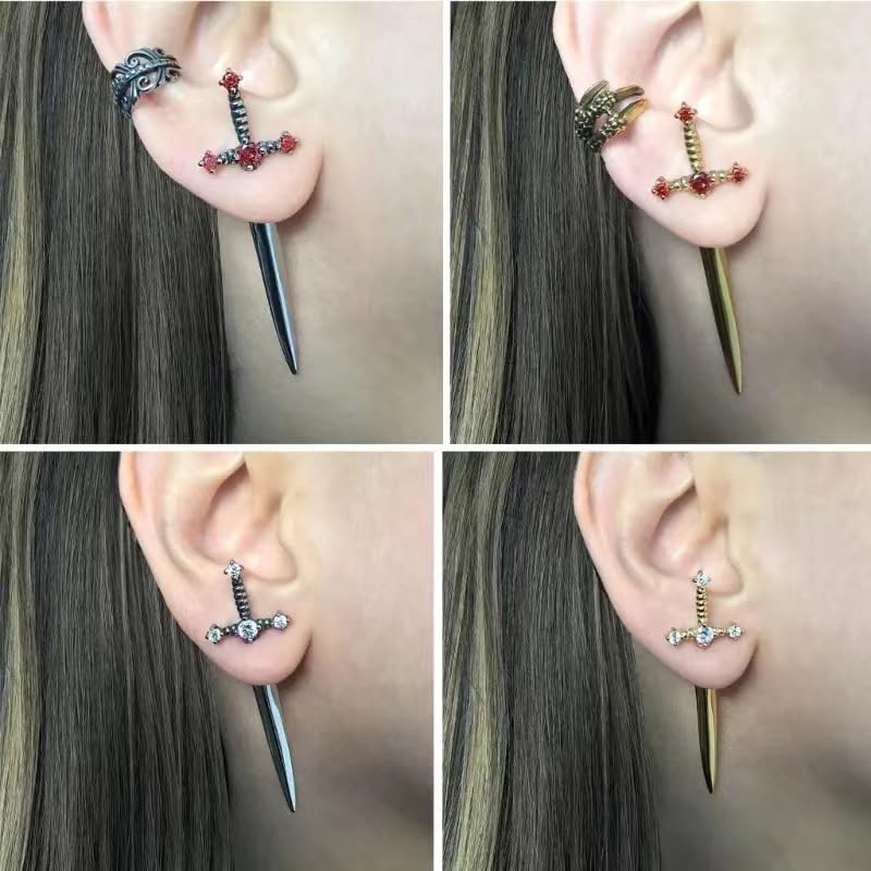 Gothic Sword Earrings Punk Rhinestone Dagger Earrings Cool Sword Screw Earrings Black Retro Sword Front Back Stud Earrings for Women Men Halloween Jewelry (Black black)