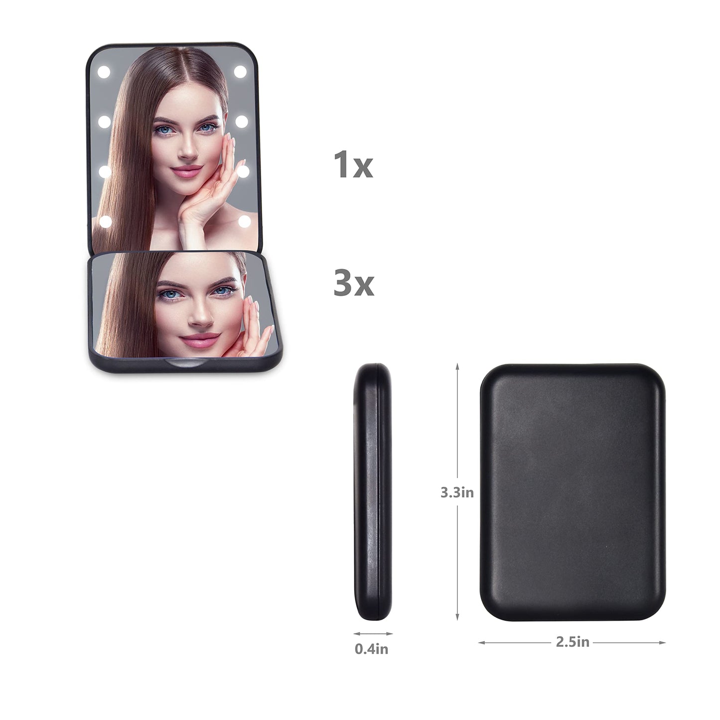 Kintion Pocket Mirror, 1X/3X Magnification LED Compact Travel Makeup / Purse Mirror with Light, , 2-Sided, Portable, Folding, Handheld, Small Lighted for Gift, Black