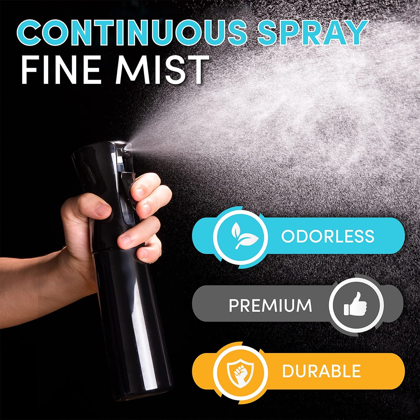 Hula Home Continuous Spray Bottle for Hair (10.1oz/300ml) Mist Empty Ultra Fine Plastic Water Sprayer – For Hairstyling, Cleaning, Salons, Plants, Essential Oil Scents & More - Black
