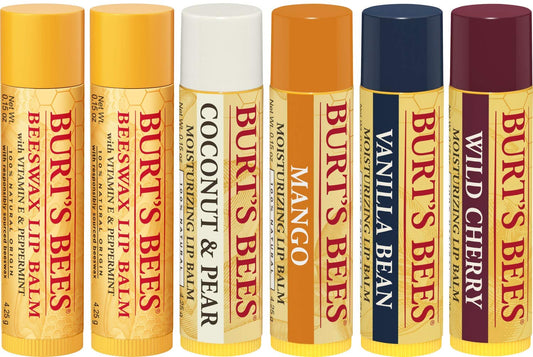 Burt's Bees 100% Natural Moisturizing Lip Balm, Multipack - Original Beeswax, Coconut & Pear, Vanilla Bean, Mango & Wild Cherry with Beeswax & Fruit Extracts - 6 Tubes